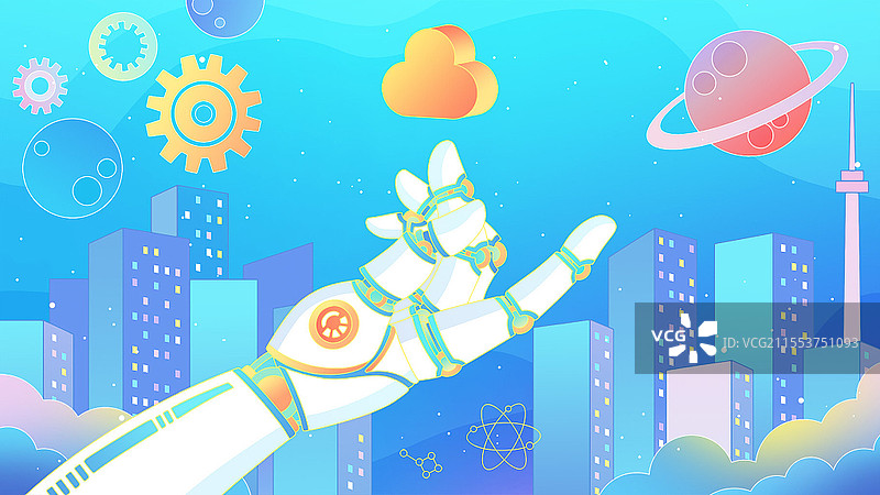 人工智能科技机械手臂科技感蓝色背景国潮线条插画海报机器人图片素材