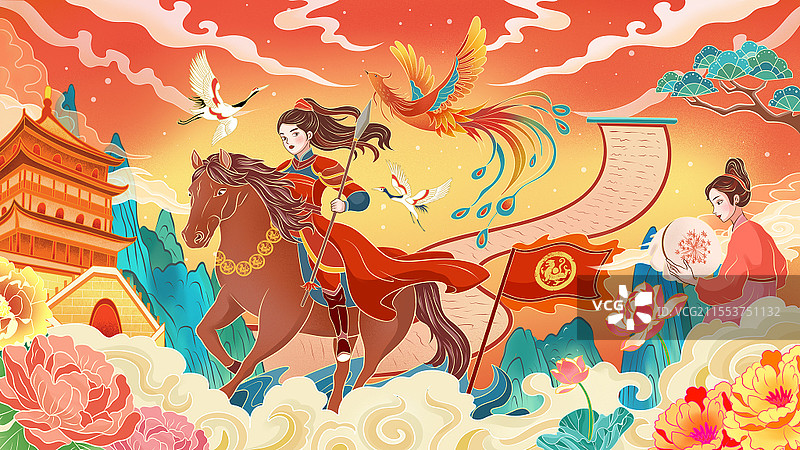 彩色卡通手绘国潮风花木兰替父从军原创插画图片素材