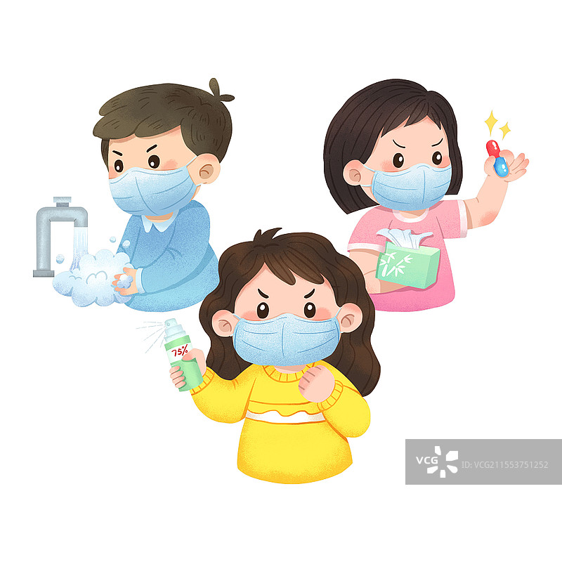 卡通风三个戴口罩的人站在一起预防过敏图世界过敏性疾病日图片素材