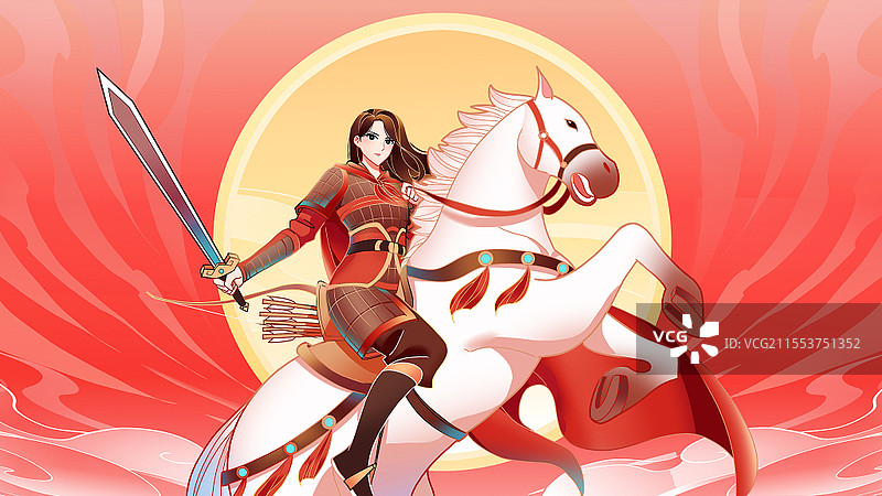 彩色卡通手绘国潮风花木兰替父从军插画背景图片素材
