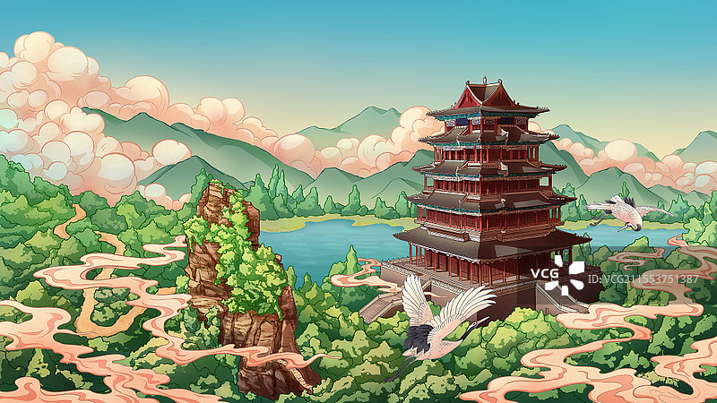 国风风景河北轩辕阁玉女峰风景旅游背景插画海报图片素材