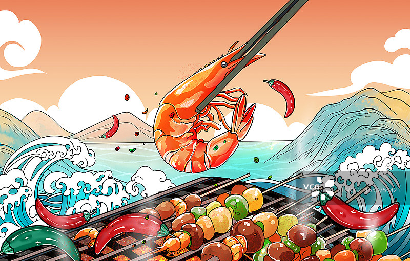 手绘烧烤美食食物大虾烤串插画图片素材