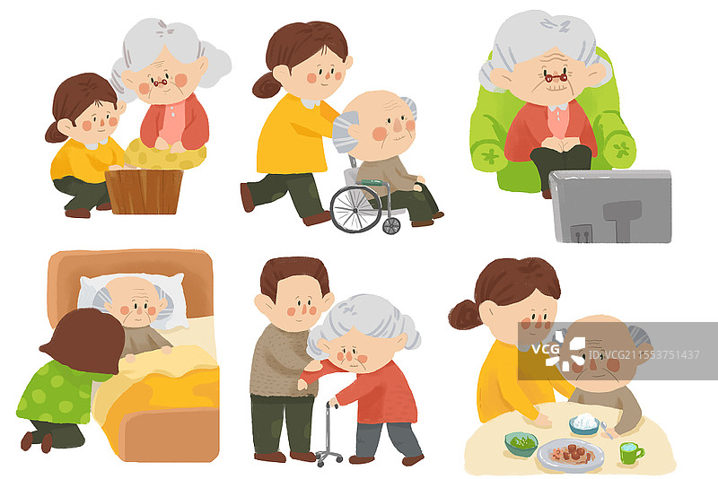 卡通可爱手绘关爱老人留守敬老院传统美德老龄化健康插画图片素材