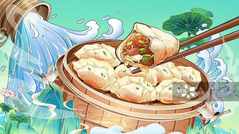 手绘美食国潮吃饺子原创横版插画背景图片素材