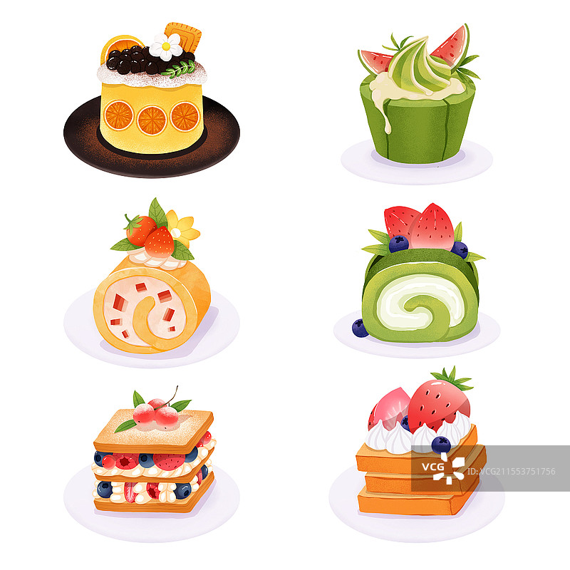 卡通风戚风蛋糕甜品组合图插画素材图片素材