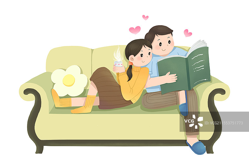 卡通情侣坐在沙发上看书图世界避孕日插画图片素材