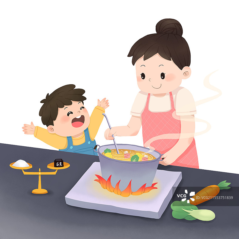 卡通风妈妈在做美味佳肴孩子欢呼插画三减三健减盐图片素材