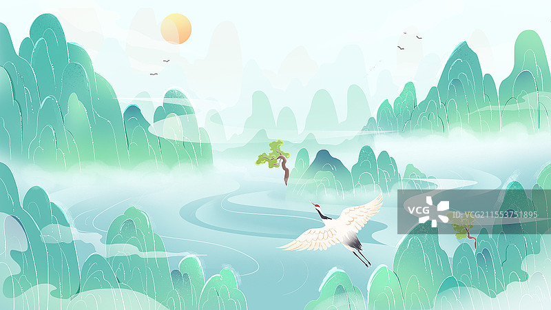 国潮线性国风山水仙鹤插画背景图片素材