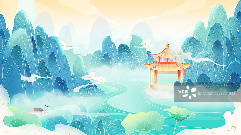 手绘国潮线性国风山水背景插画图片素材