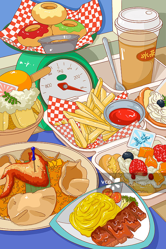 手绘美食快餐东南亚美食插画薯条港式下午茶图片素材