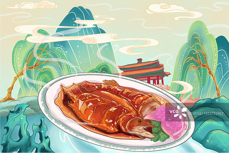 手绘国潮风美食插画西湖醋鱼山水美景美食图片素材