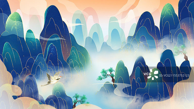 国潮简约山峰云雾仙鹤背景插画壁纸图片素材