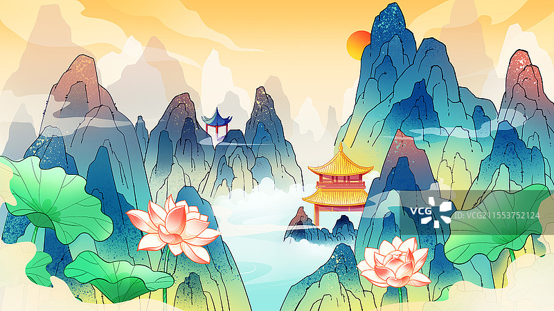 国潮背景风景线性国风山河背景图片素材