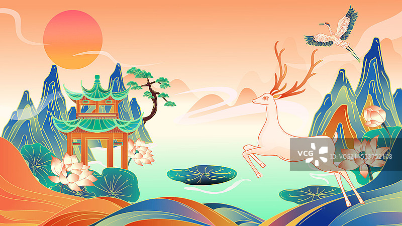 国风中国风山水景色小鹿麋鹿插画国潮横板插画素材图片素材
