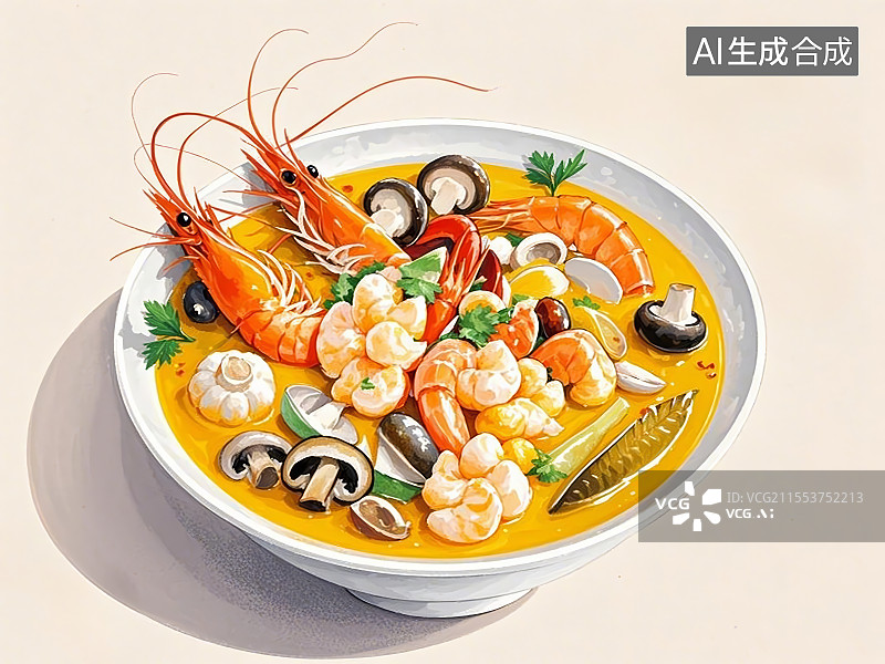 【AI数字艺术】国潮单品插画-海鲜冬阴功汤图片素材