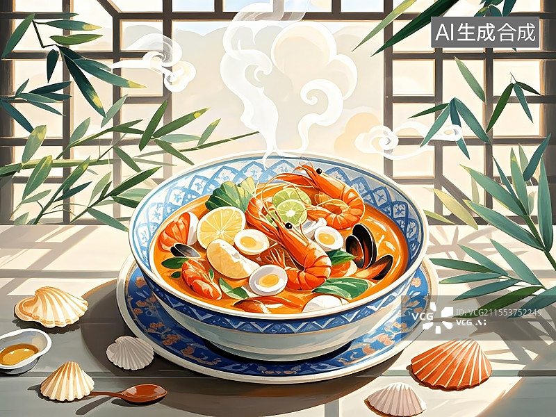 【AI数字艺术】国潮单品插画-海鲜冬阴功汤图片素材