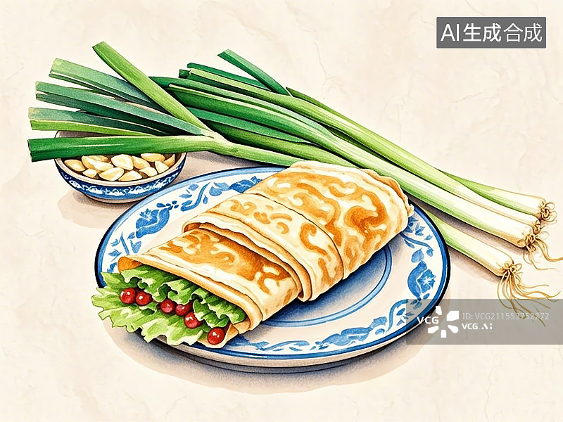 【AI数字艺术】国潮单品插画-煎饼卷大葱图片素材