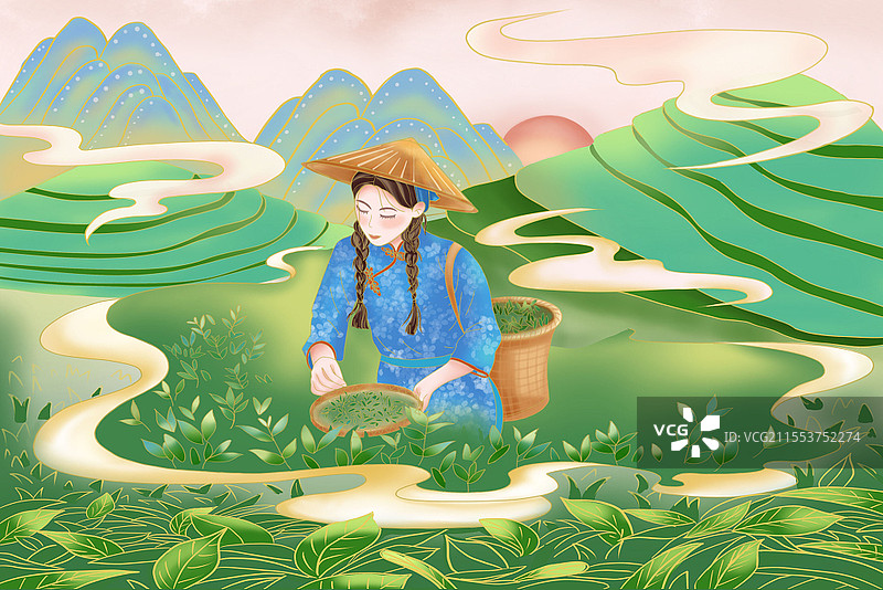 手绘国潮风女孩采茶插画背景图片素材