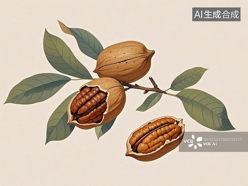 【AI数字艺术】国潮单品插画-碧根果图片素材