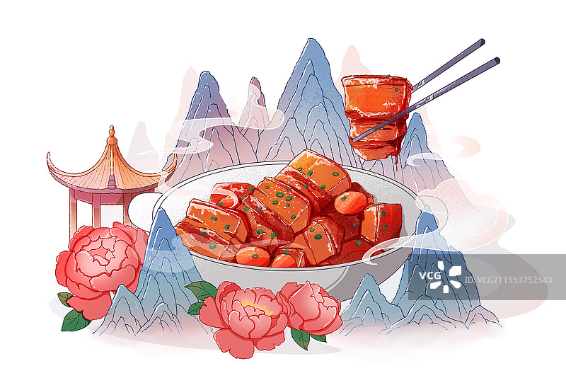 手绘国潮美食红烧肉插画素材图片素材