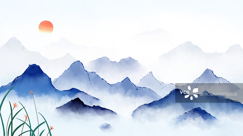 手绘中国风蓝色古风水墨山水风景插画背景图片素材