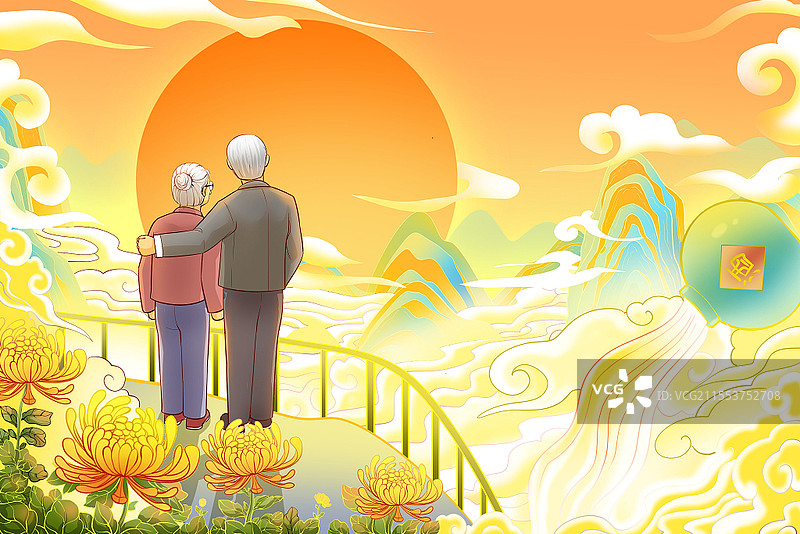 国潮手绘老年夫妻重阳节重阳登山节日插画图片素材