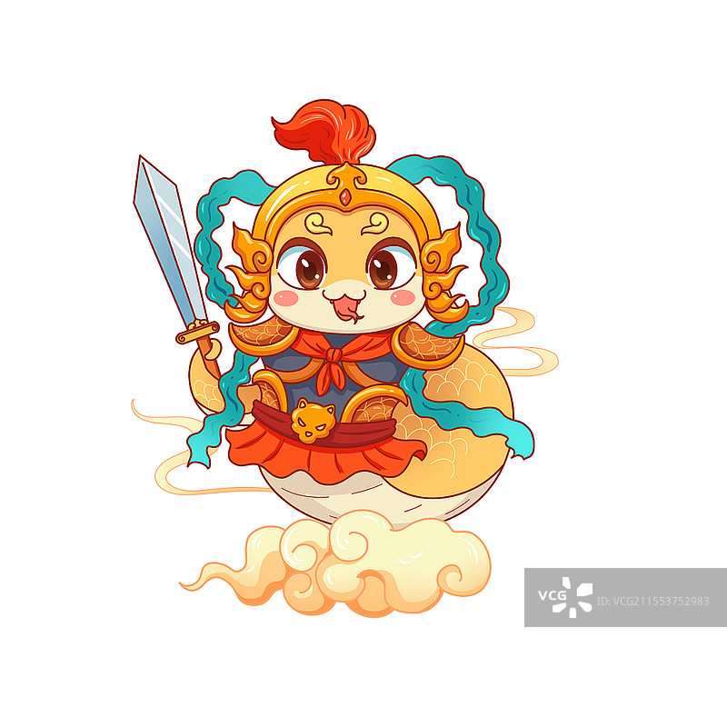 卡通可爱蛇年左门神门将挥刀祥云蛇插画素材图片素材
