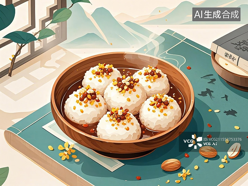 【AI数字艺术】国潮单品插画-藕粉圆子图片素材