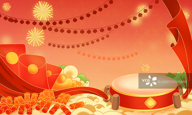 卡通国潮2025蛇年插画大鼓红包鞭炮礼花素材背景新年元旦节图片素材