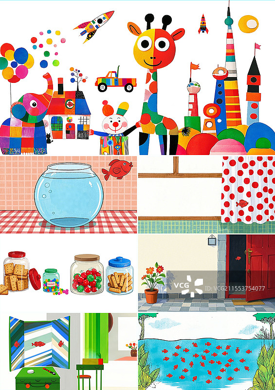 卡通儿童绘本小金鱼逃走了插画图片素材