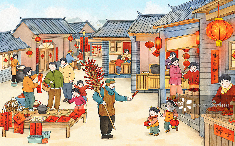 2025年中国风水彩手绘卡通复古新年过年春节蛇年庙会集会买年货热闹人物插画素材图片素材