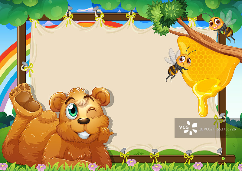一只熊在蜂巢和蜜蜂旁边眨眼。图片素材