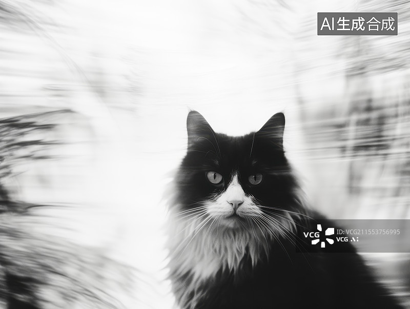 【AI数字艺术】黑白光影下凝视的长毛猫图片素材