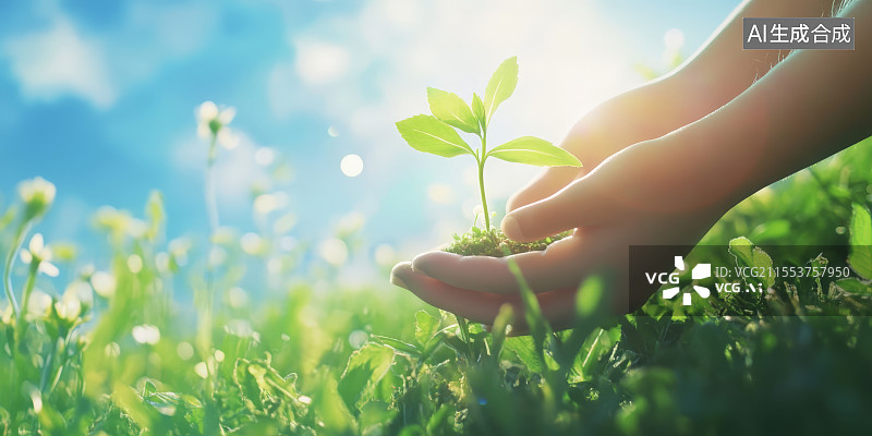 【AI数字艺术】植树节保护植物手中泥土里发芽的植物背景图片素材