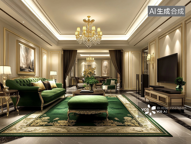 【AI数字艺术】豪华绿色主题客厅图片素材