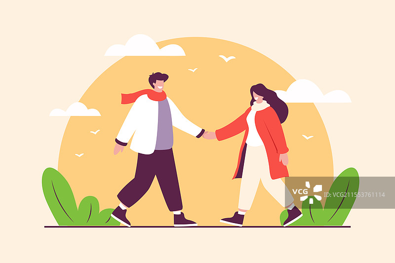 浪漫情侣在日落时分牵手图片素材