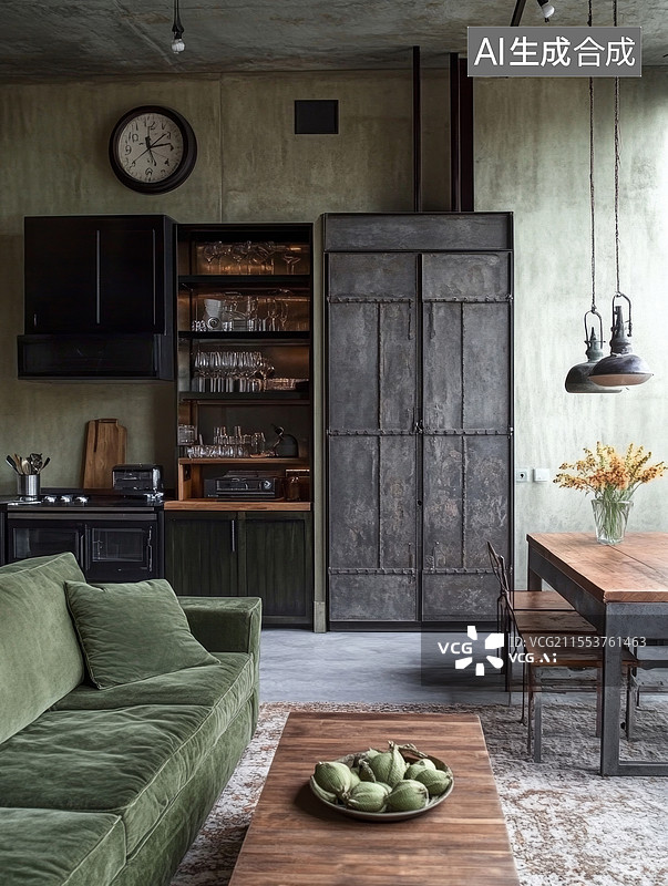【AI数字艺术】工业风格客厅与厨房图片素材