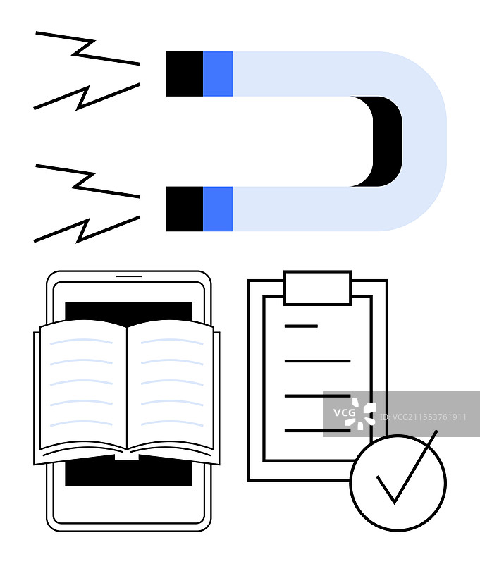 带有能量线的磁铁与平板上的打开书籍图片素材