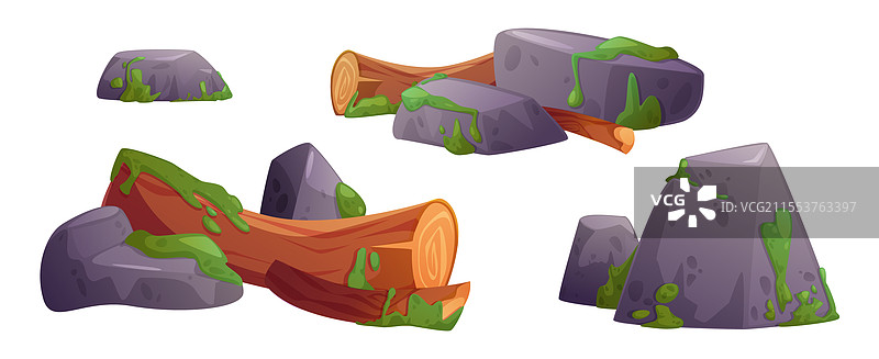 沼泽环境，布满苔藓的石头和树木。图片素材