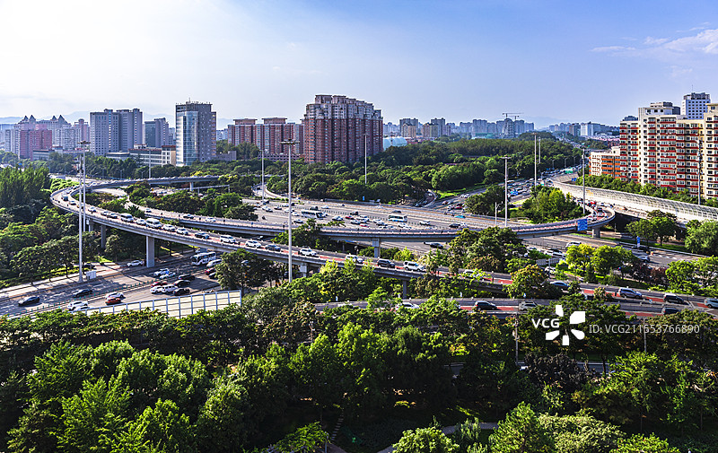 城市高架桥与现代建筑-北京健翔桥蓝天白云图片素材