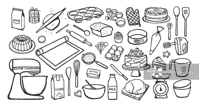 一套手绘的各种烘焙工具图片素材