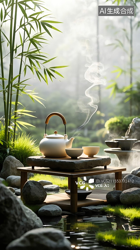 【AI数字艺术】茶具自然风景插画图片素材