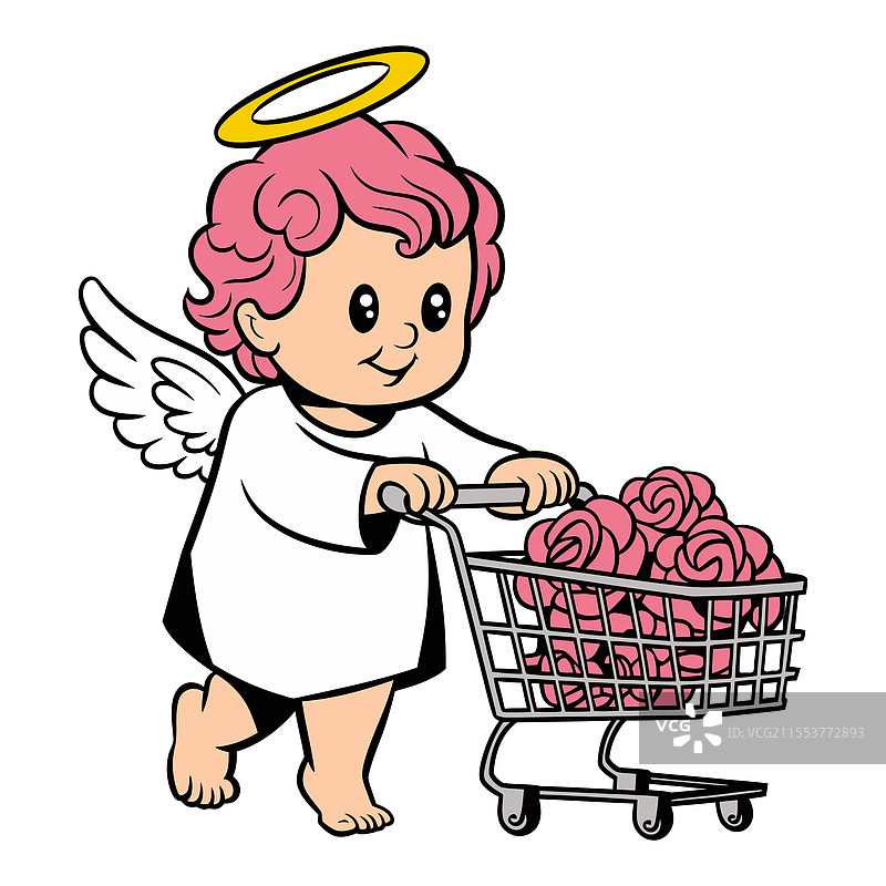 天使带着光环推着装满玫瑰的购物车图片素材