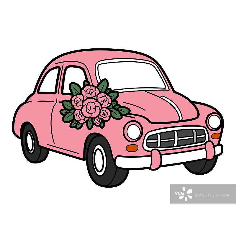 复古粉色汽车与花卉装饰图片素材
