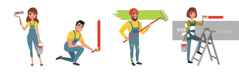 穿着工作服的男女角色在粉刷墙壁图片素材