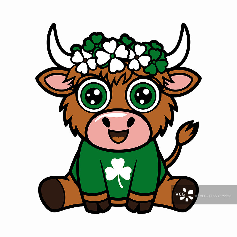 可爱的高地牛戴着三叶草花环图片素材