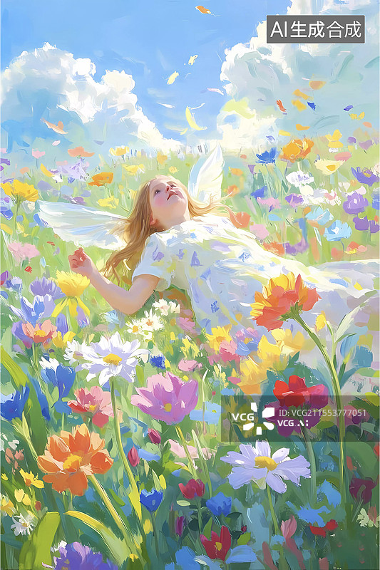 【AI数字艺术】梦幻花园女孩油画肌理插画图片素材