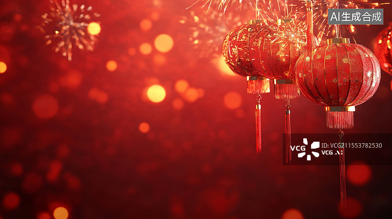 【AI数字艺术】红色灯笼新年喜庆烟花背景图片素材