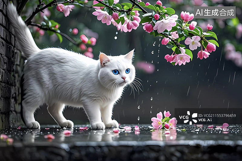 【AI数字艺术】可爱小猫雨天海棠花摄影特写图片素材