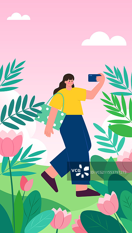春天花田里拍照的美女图片素材